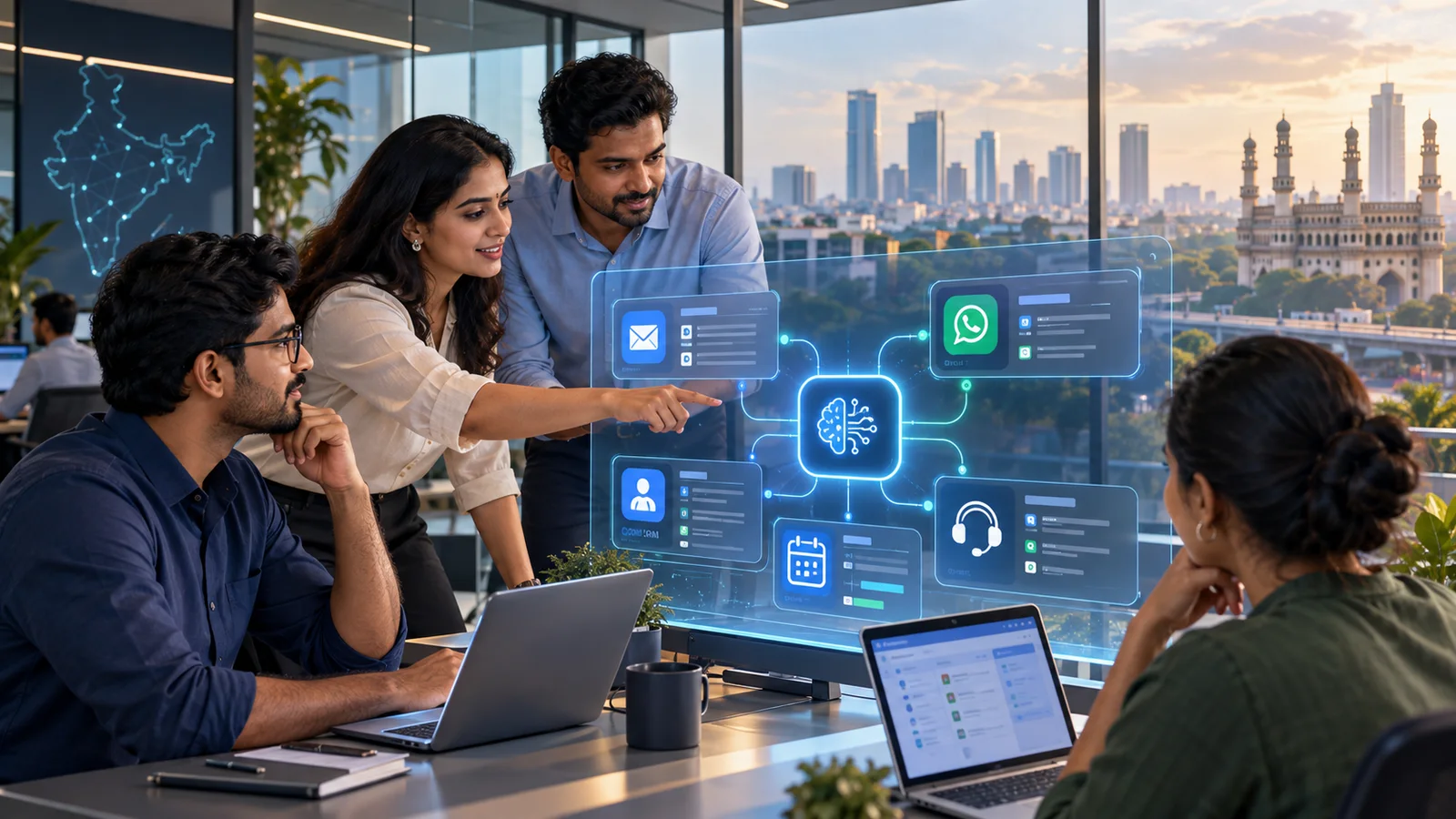 Indian business team in Hyderabad supervising connected AI agents for CRM, email, scheduling and customer service